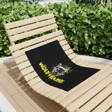 Wolfhouse Crown Beach Towel — Black Graphic Wolf Design